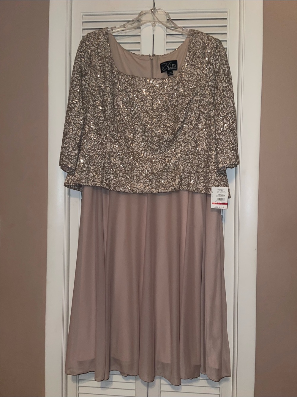 Alex Evenings Sequin Lace Bodice Midi Dress in Taupe